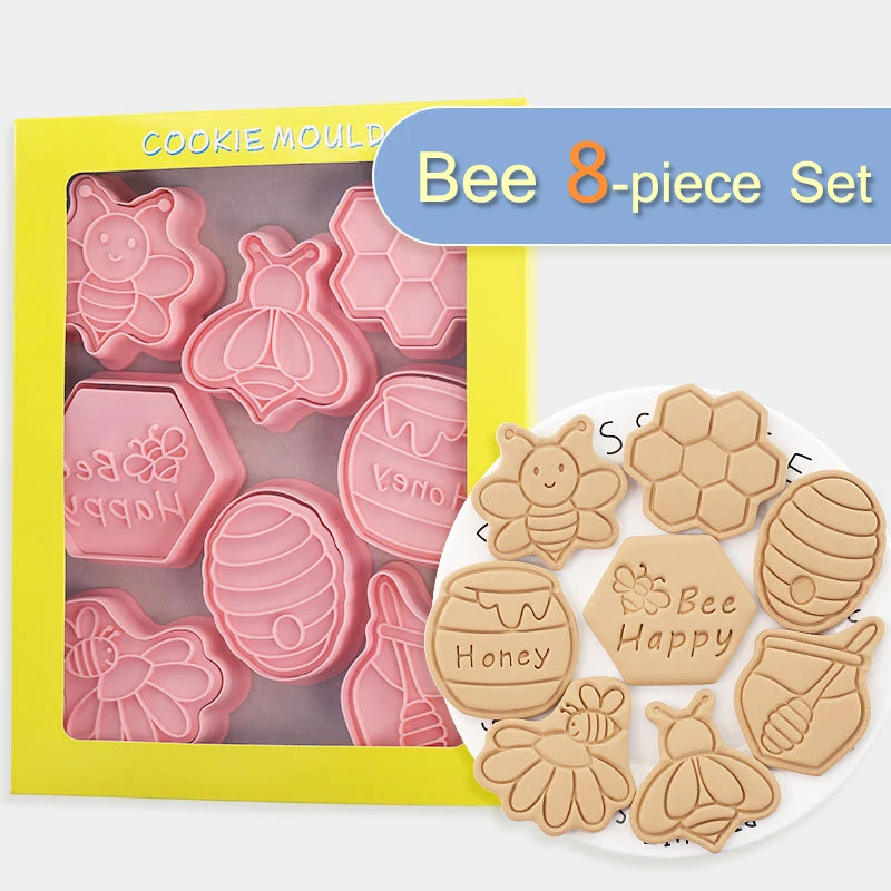 8Pcs/Set Bee Honey Cookie Stamp 3D Hand Pressure Plastic Fondant Cake Decoration Tools Party Dessert Making Biscuit Mold