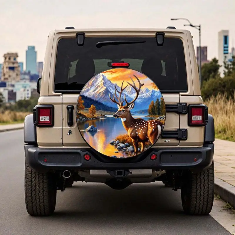 

Подходит для тяжелого внедорожника, чехол для шин с лесным озером, пейзажным дизайном, вездеходное колесо для грузовиков, автофургонов, оленя, сосны