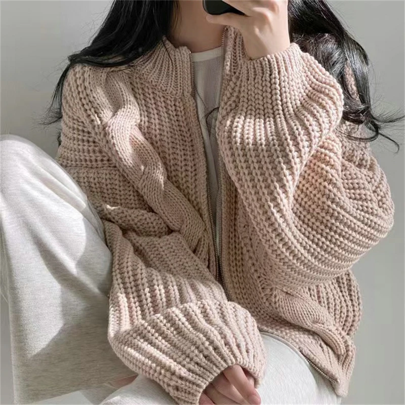 HELIAR Women Zipper Rib Loose Cardigan Coat Lantern Sleeve Knit Warm Sweater Coat Solid Casual Office Jacket Women Fall Winter