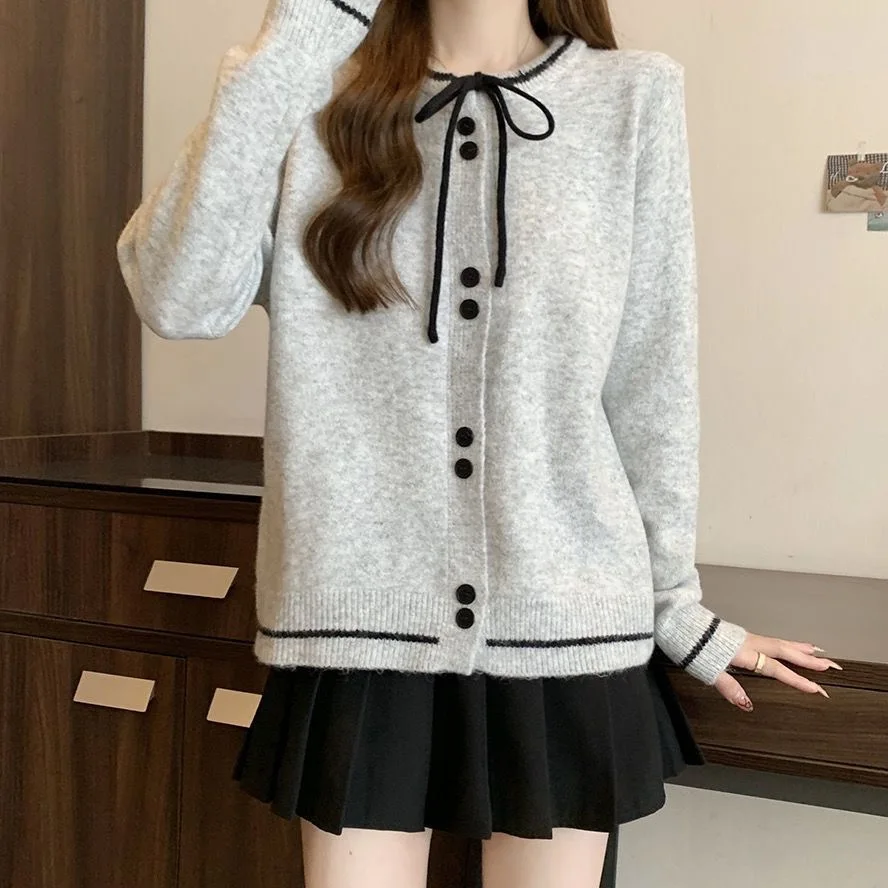 

French Style Lace-up Bow Knit cardigan Women Autumn and Winter Gentle Temperament Loose Graceful Sweater Bottoming Shirt Top