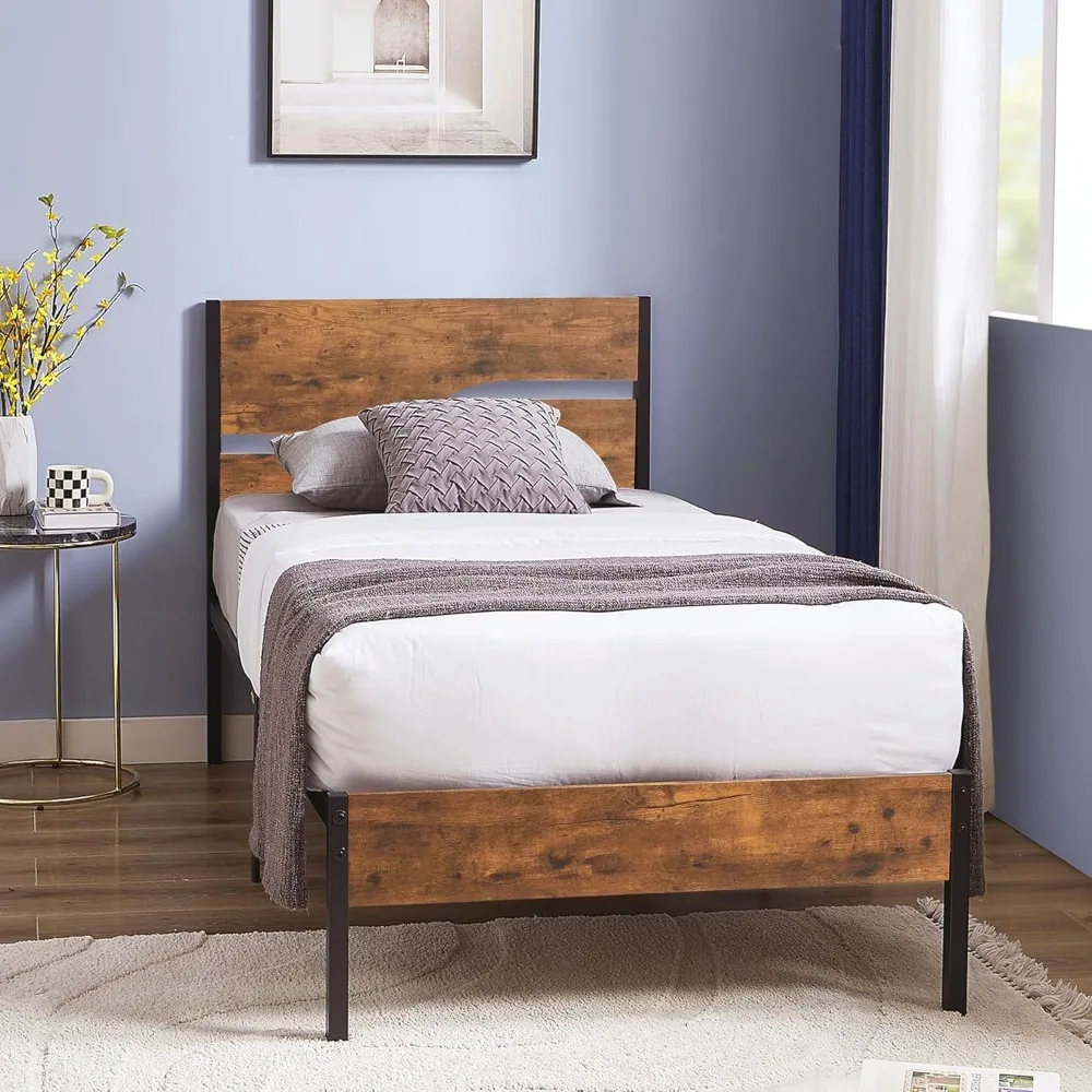 

Platform Bed Frame Twin Size with Rustic Vintage Wood Headboard, Mattress Foundation, Strong Metal Slats Support, No Box Spring