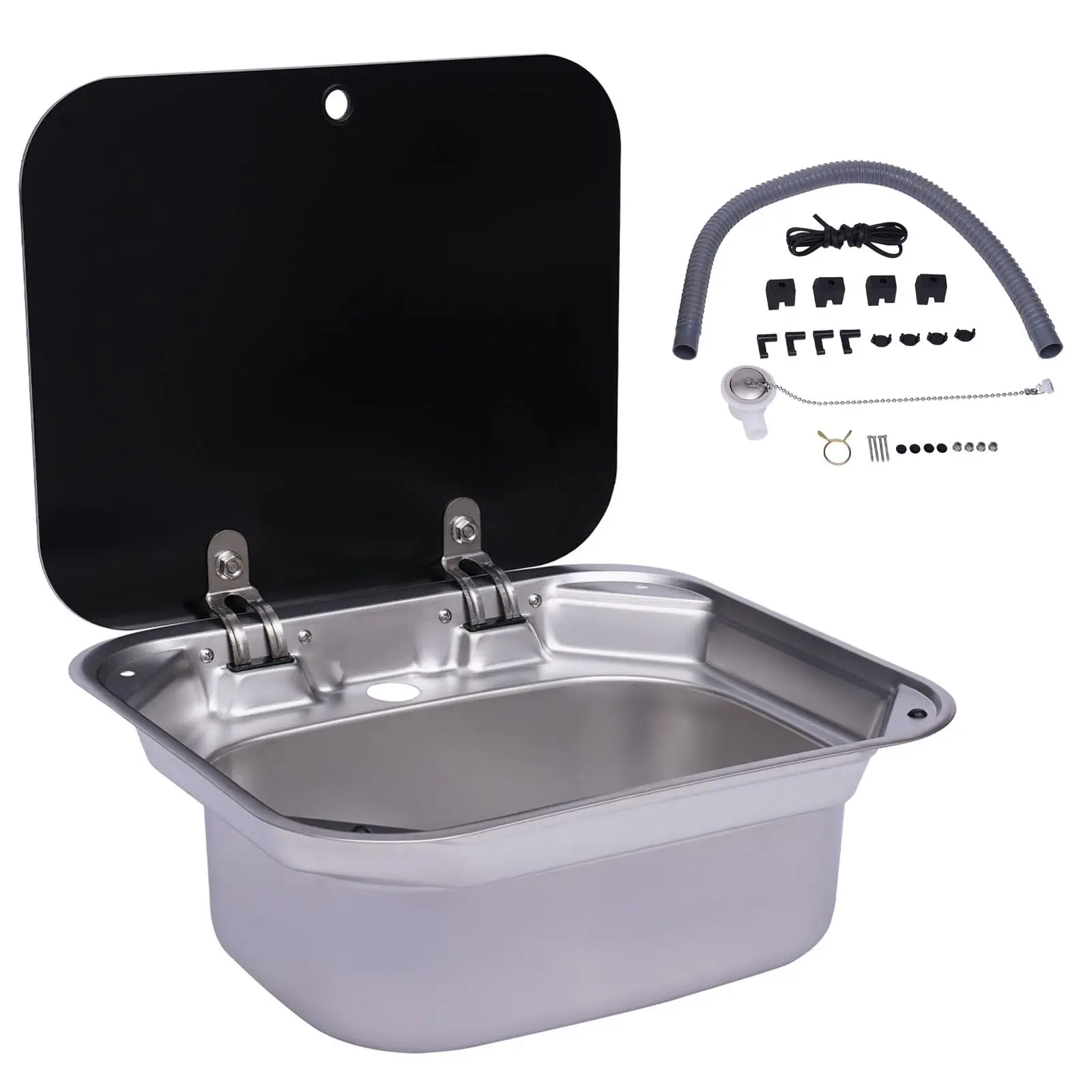 

Раковина для автодома, вставная кухонная раковина, ручная мойка со складной крышкой из закаленного стекла для наружного кемпера, фургона, прицепа, каравана, 16,7 дюйма X 14