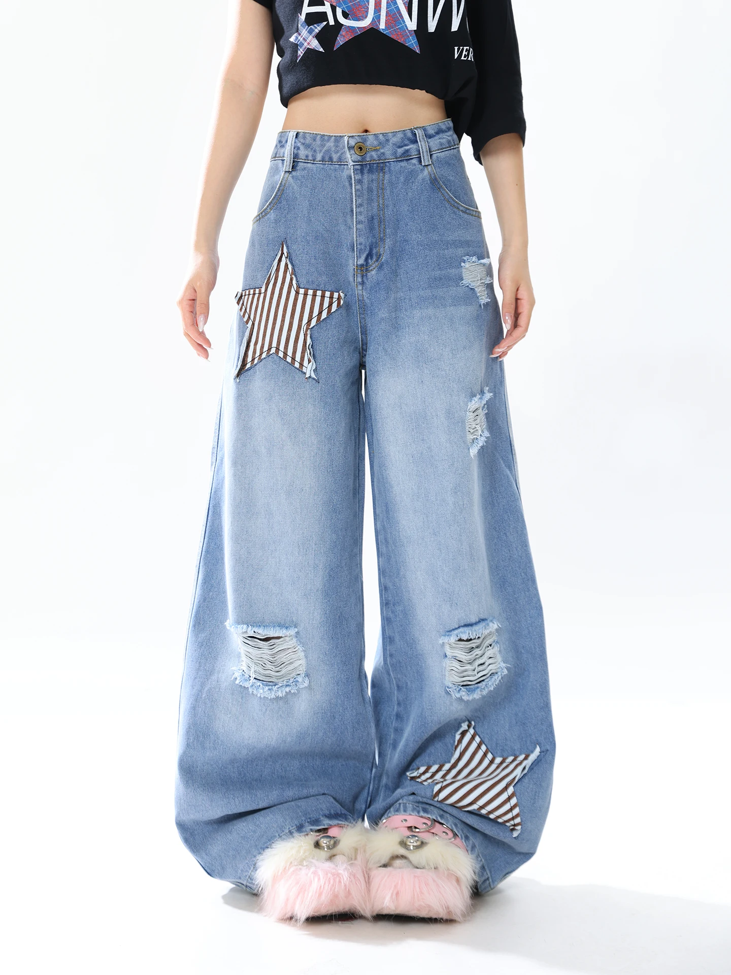 AONW American Sweet Cool Style Star Denim High Waist Wide Leg Pants Women's Distressed Patchwork Design Loose Fit Long Trousers