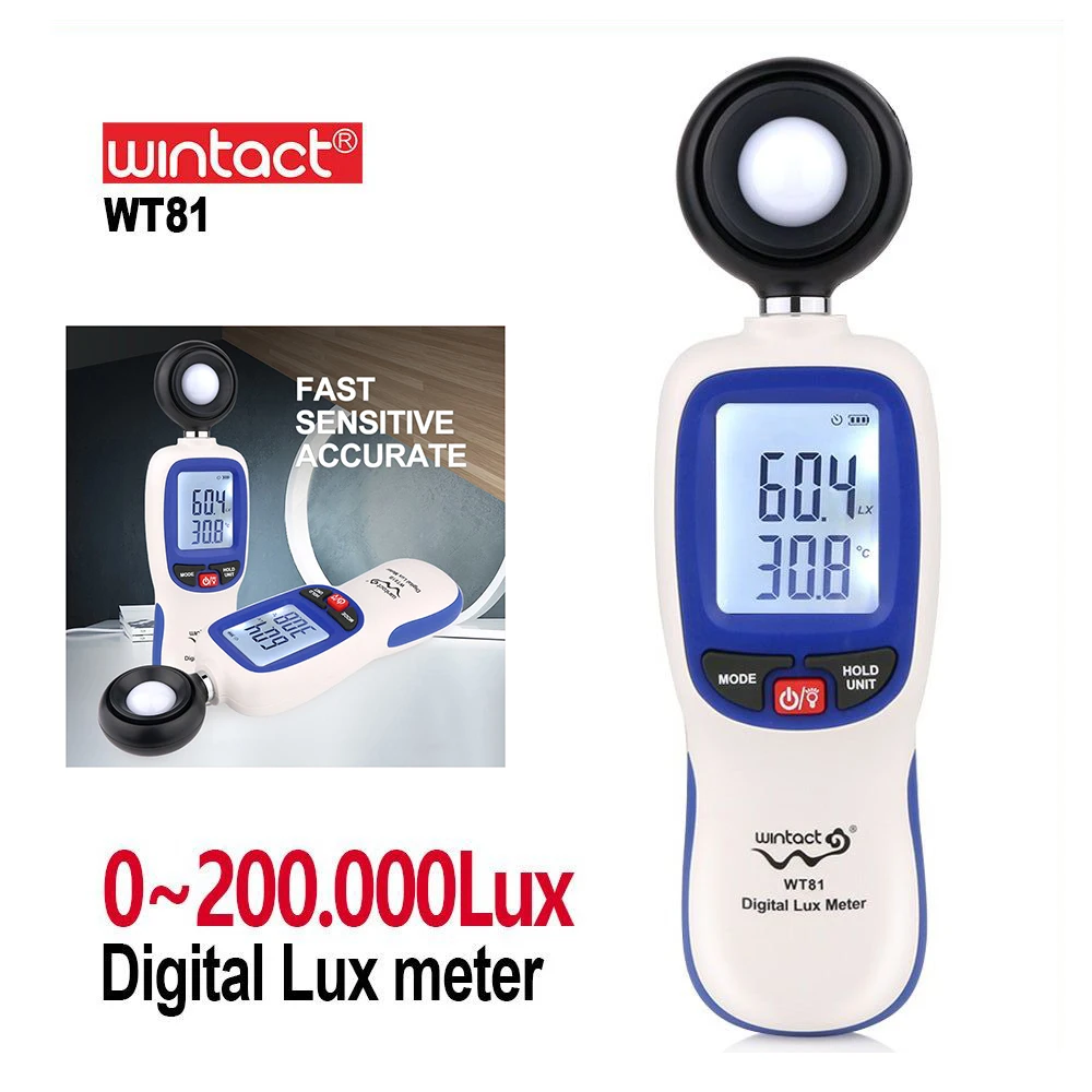 WINTACT Digital Lux Meter 200,000 Lux Digital LCD Pocket Light Meter Lux/FC Measure Tester illuminometer Sensor Photometer WT81