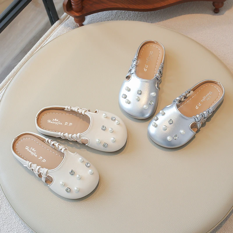 Girls Pearl Rhinestone Slide Mules, Braided Cutout Upper, Soft Flat Sole for Summer Daily & Princess Dress Matching