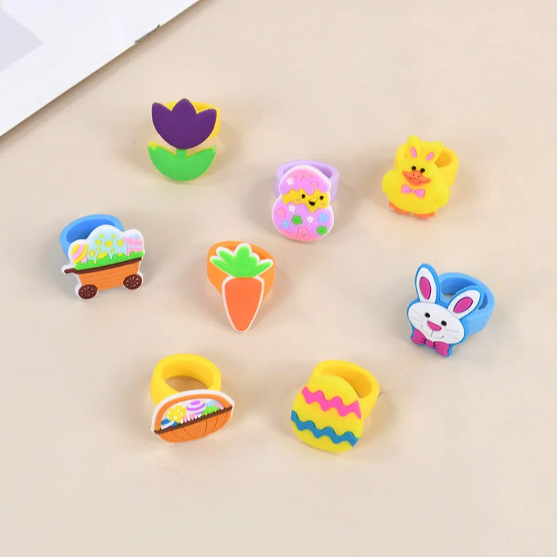 10Pcs Cartoon Rabbit Carrot Eggs Silicone Ring Kids Toy Gift Easter Birthday Party Favors Goodie Bag Pinata Fillers Baby Shower