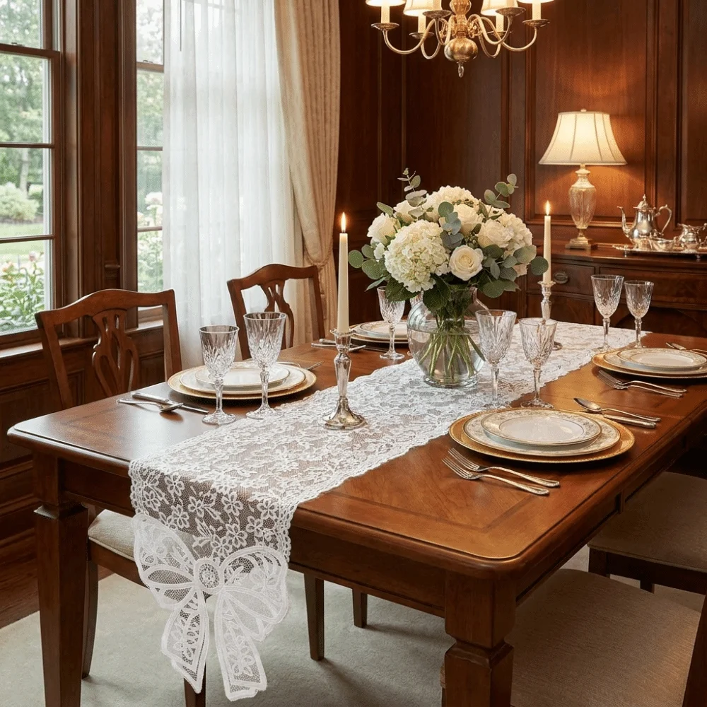 Chemin de table élégant à motif floral en dentelle découpée, style français, romantique, long, avec nœud décoratif, vintage, pour fête