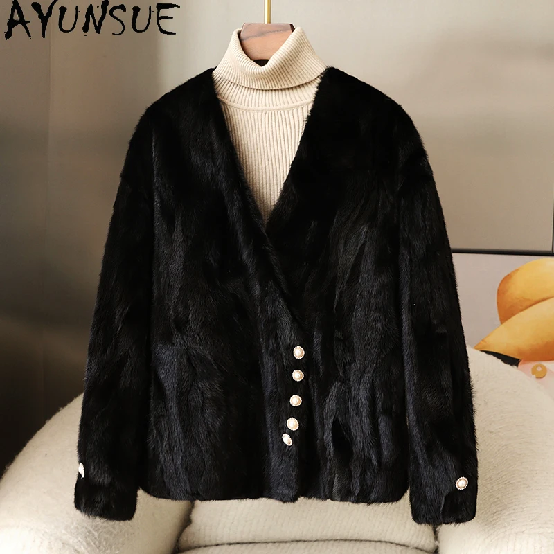 

AYUNSUE Natural Mink Fur Coats for Woman High Quality Black Fur Coat Woman Winter Coats Elegant Woman Clothes Abrigos De Mujer