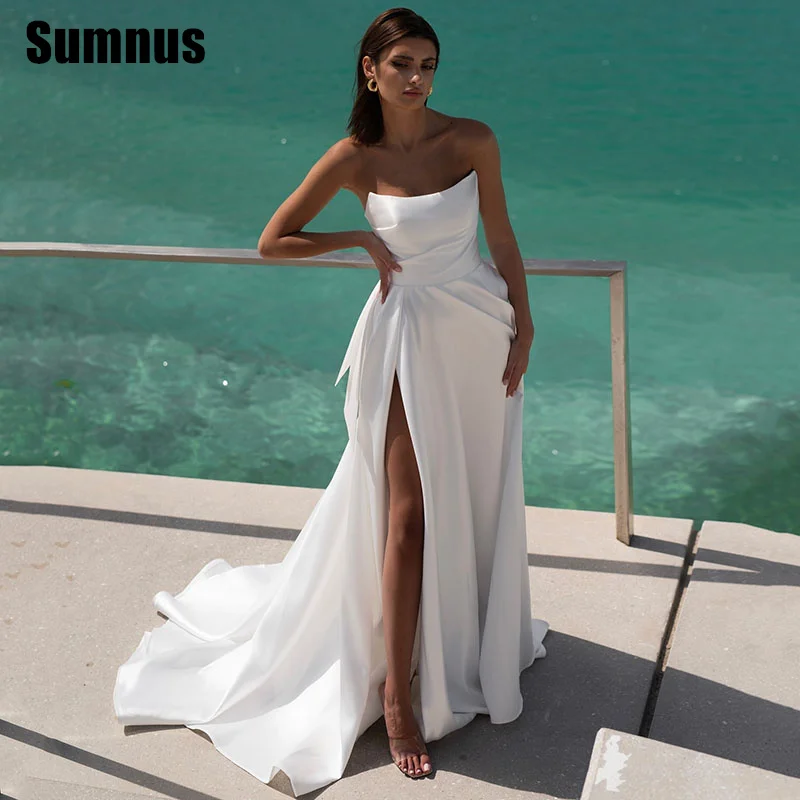 

Sumnus Elegant Mermaid Wedding Dresses Satin Floor Length Sleeveless Bridal Gowns Side Split Strapless Bride Dress Customized