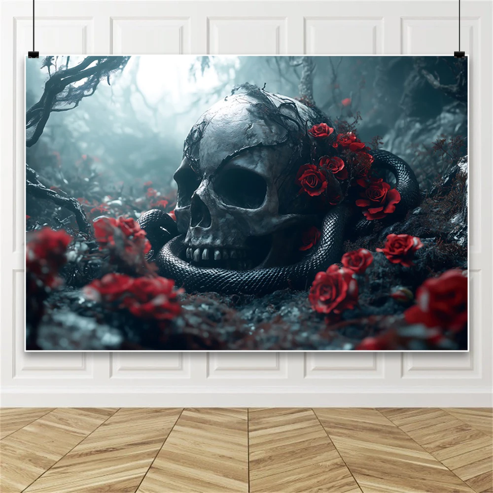 Halloween Skulls Roses Photography Background Dark Forest Snake Flowers Plants Room Decoration Banner Photo Shoot Backdrop Props