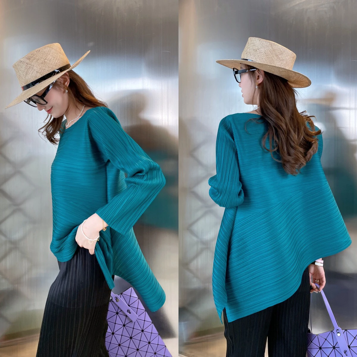 Women's Folded Top 2023 New Simple Slimming Versatile Design Irregular Gentle Style T-shirt round Neck Seven Sleeve Length