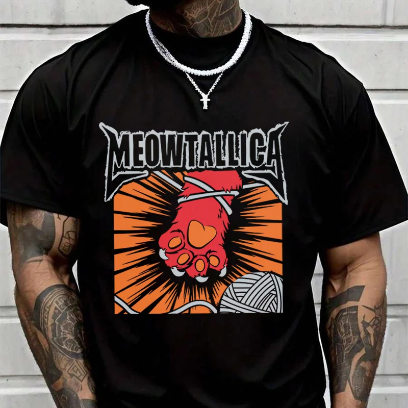 

Футболка Cat Meowtallica Cat Rock Music, мужская брендовая футболка, мужские летние футболки, повседневные футболки высокого качества с круглым вырезом