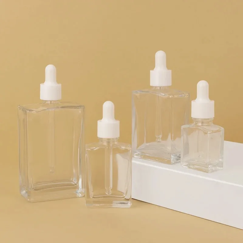 Refillable Clear Rectangular Glass Bottle with Dropper 15ml 30ml 50ml 100ml for Essence Oil Serum Cosmetic Skin Care Packaging