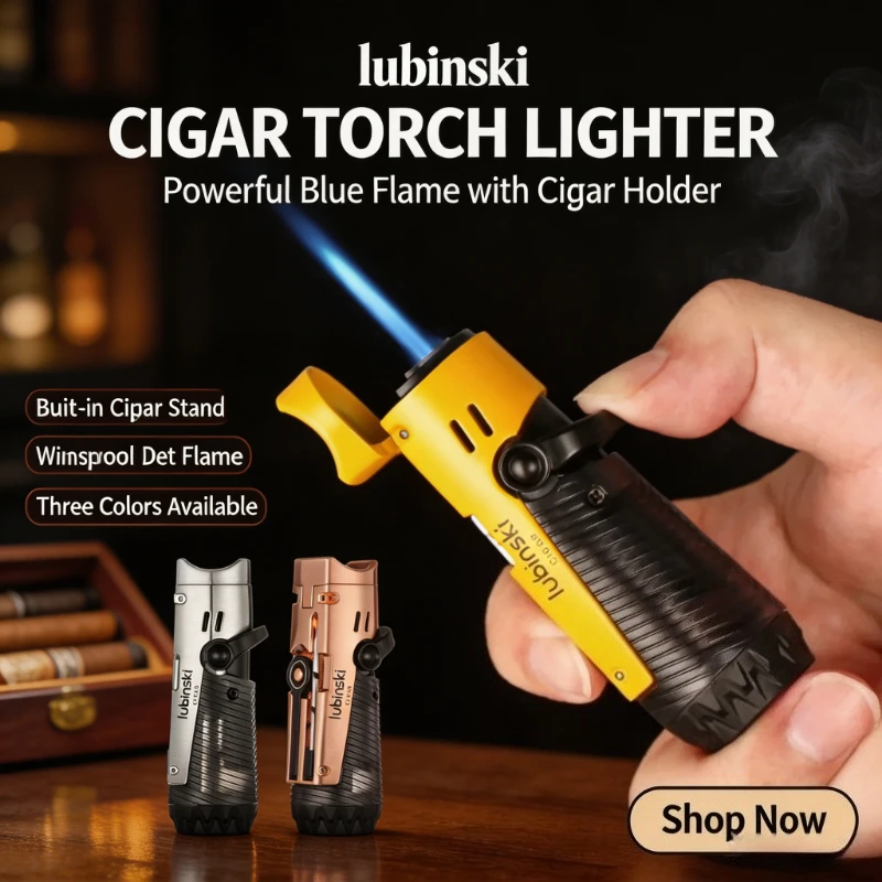 LUBINSKI Torch Lighter With Cigar Punch Cutter, Cigar Needles Dridge Tool, Mini Pocket Cigar Lighter for Smoking Enthusiasts