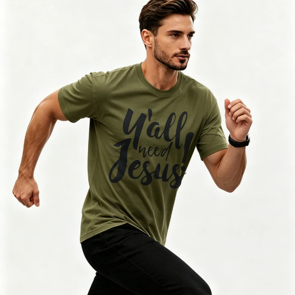 Y'all Need Jesus Southern Country Hand Lettered Graphic T-Shirt Christian Faith Casual Summer Believer Gift Tee Men Clothing