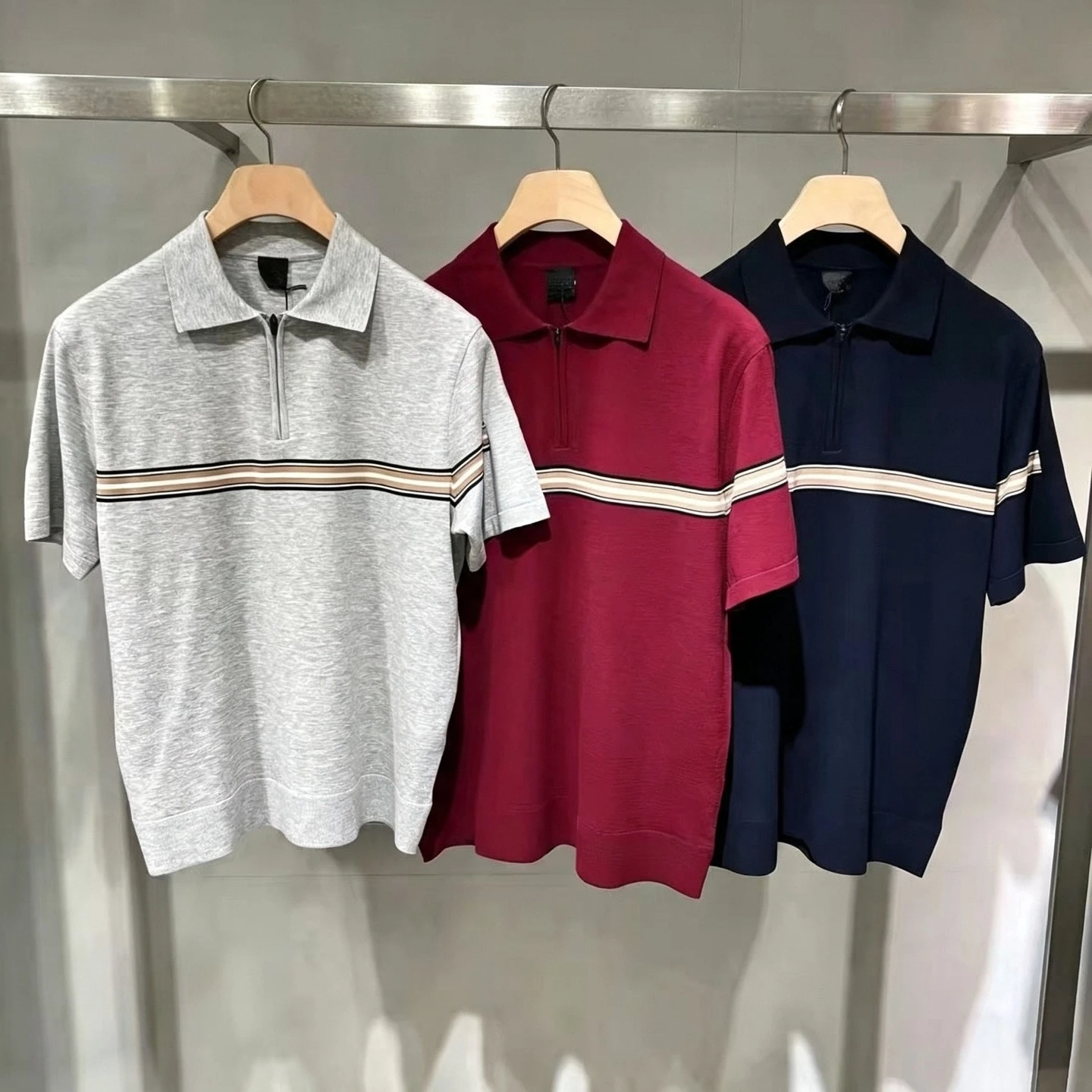 Men's Golf Polo Shirt 2026 Fall New Korean Style Half-Zip Knit Striped Colorblock Short Sleeve Breathable Quick-Dry Stretch Soft