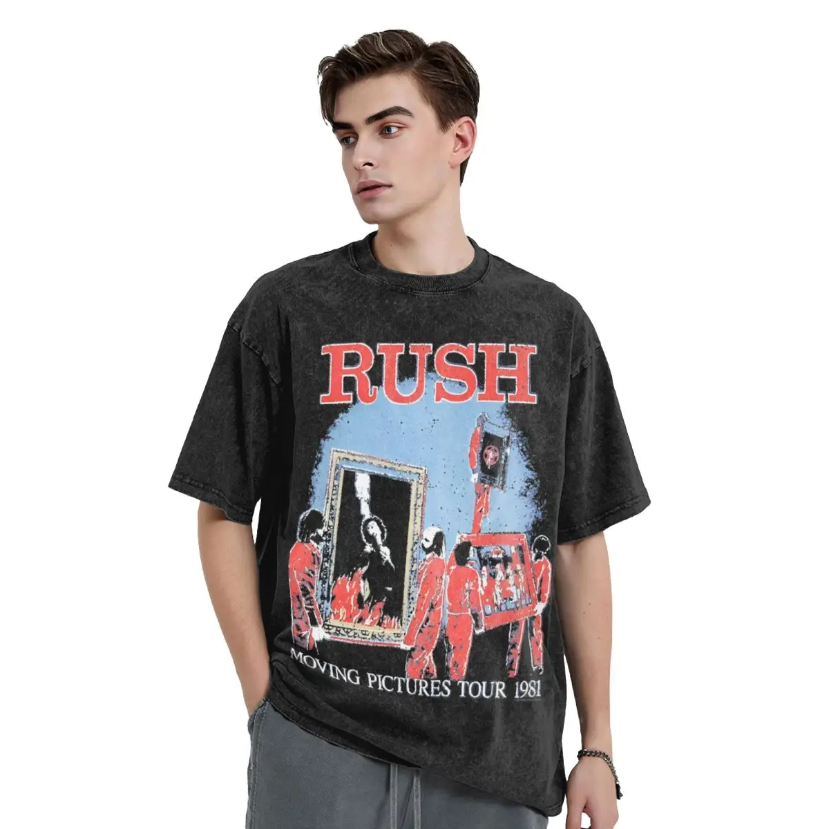 Rush Moving Tour Rock Band T Shirt Hip Hop Washed 100% Cotton High Street T-Shirts Fashion Men Women Top Streetwear Graphic Tees