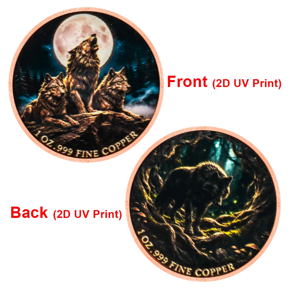 1pc 1 Oz .Pure Copper Wild Wolf Commemorative Coin Color Print Howling Wolves Under Full Moon Collectible Medal Wildlife Gifts