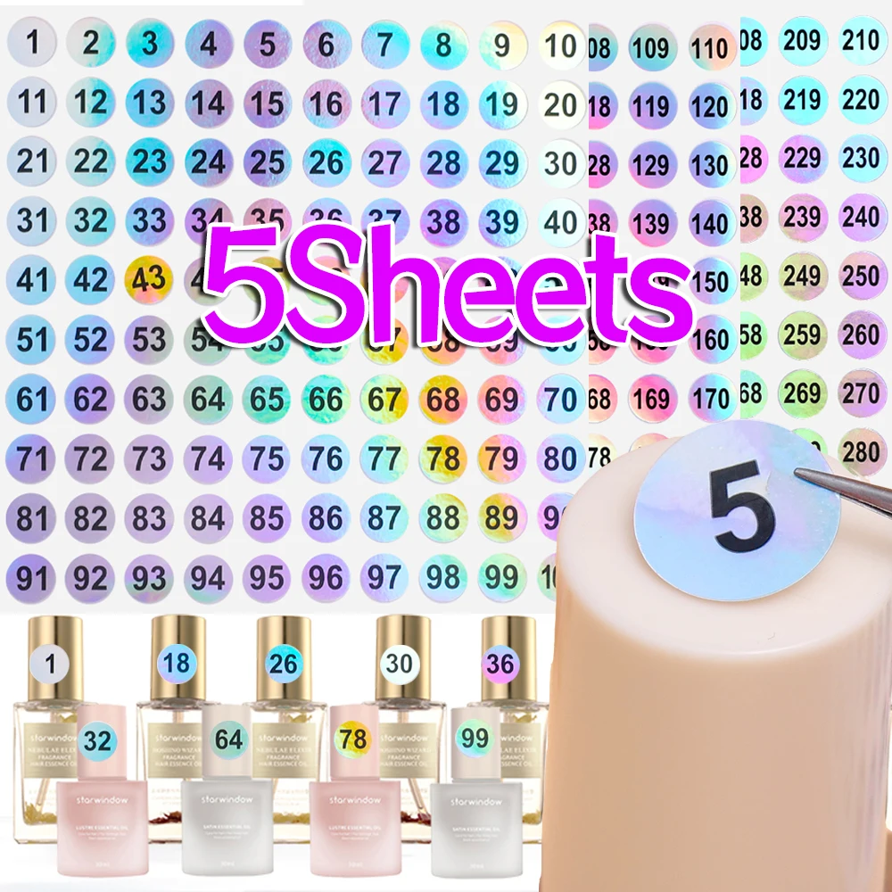 5PCS/Set Number Label Sticker for Nail Polish Tips 3D Laser Reflective Waterproof Stickers with Numbers Manicure Decor Marking