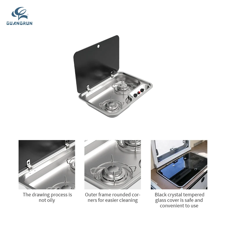 GuangRun RV Caravan SAI Certified SUS 304 Stainless Steel Luxury Two Burner LPG Gas Stove Piezo Ignition Tempered Glass Lid