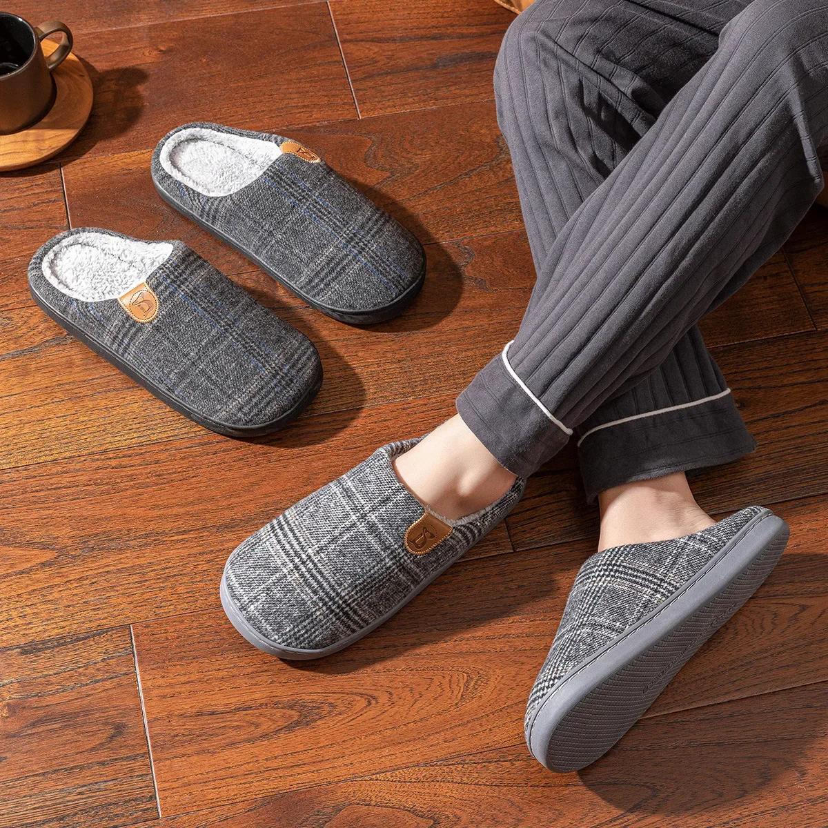 Home Slipper Male Men  Plus Large Size Thermal Winter Warm Fuzzy Fur Contton Plush Non Slip Plaid Indoor Lazy House Shoe Flat