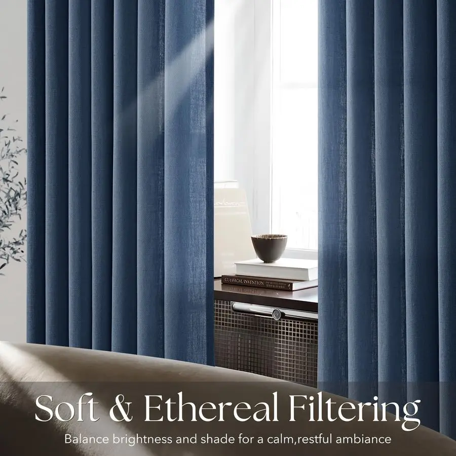Rideaux en lin bleu marine à plis froncés, 84 pouces de long, pour salon, ensemble de 2 panneaux, semi-transparents, filtrant la lumière, rideaux de fenêtre bleu marine