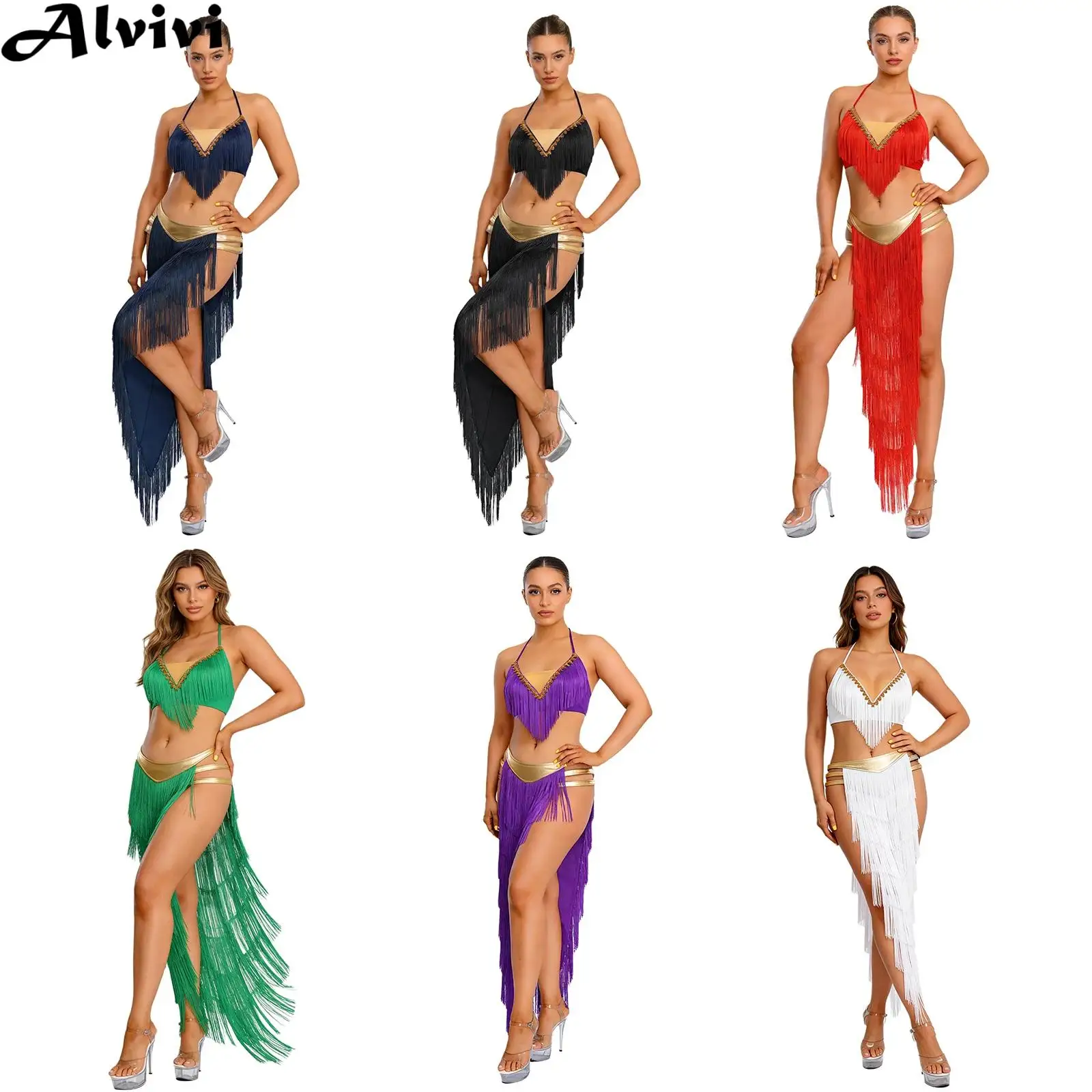 Women Belly Dance Performance Outfit Fringed Crop Top with Slit Skirt Halloween Cleopatra Egyptian Goddesses Dress Up Costume