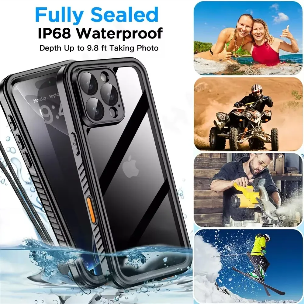 IP68 Waterproof Diving Swimming Dustproof Underwater Protect Cover For iPhone 16 15 14 Plus 13 Pro Max PC+TPU Clear Phone Case