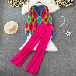 New Winter Autumn Knitting 2 Piece Set Women Thick Casual Jacquard Sweater  Patchwork V Neck Long Sleeve+Wide Leg Pants Sets