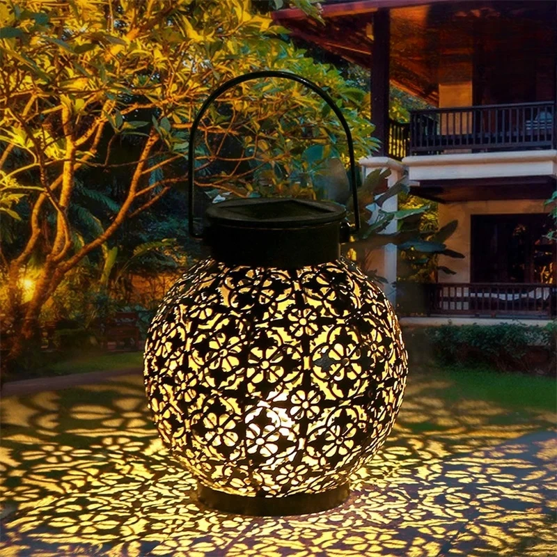 Solar LED Lantern Light, Outdoor Hanging Projection Light with Hollow Wrought Iron Design Waterproof Yard Garden Art Decoration