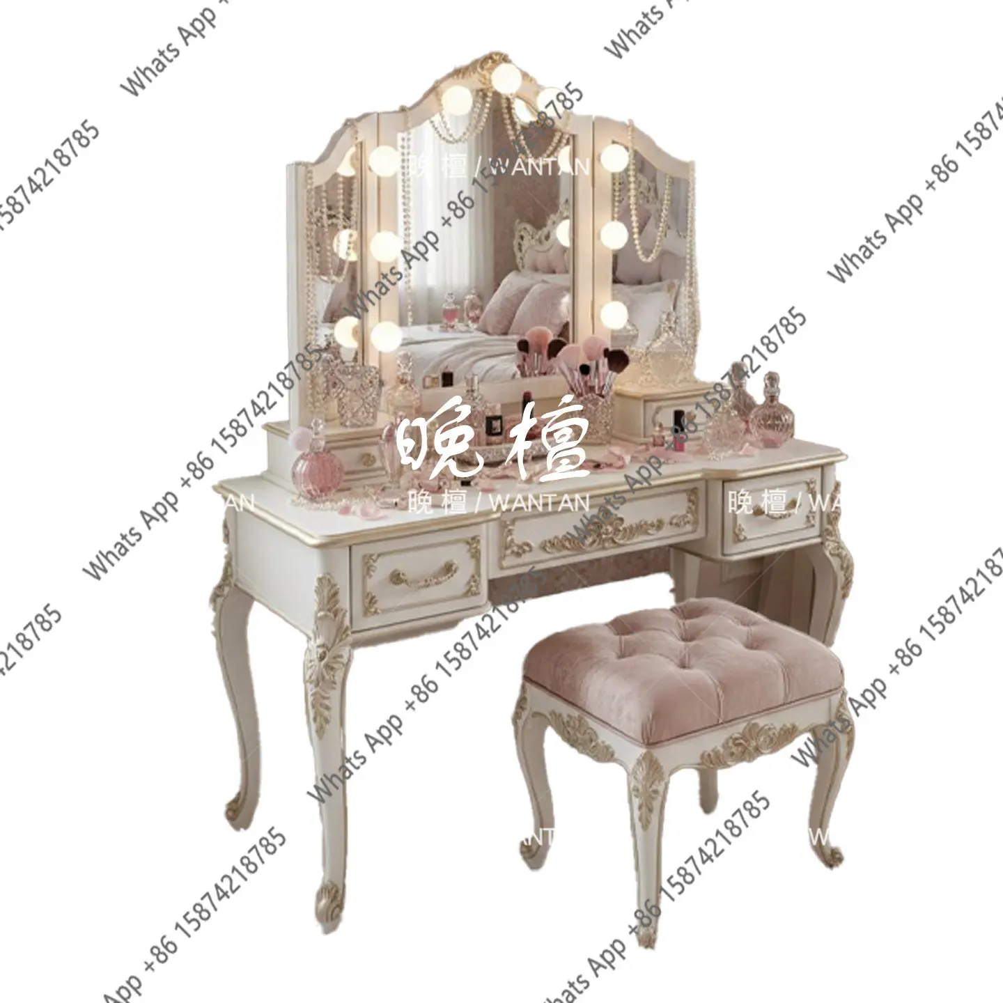 

Rt French Retro Carved Dresser With Makeup Mirror, Locker, Home Bedroom Makeup Table, Customizable