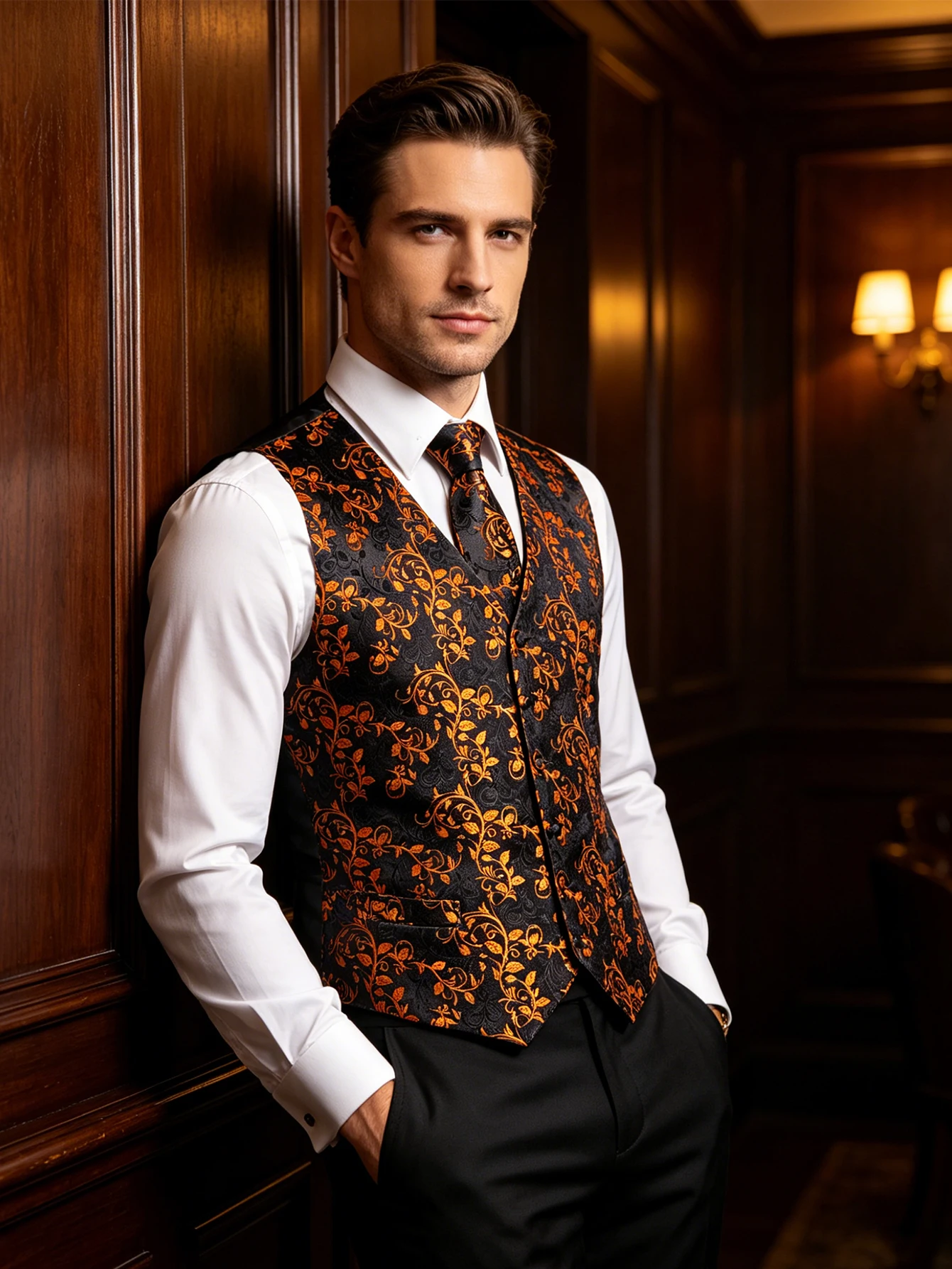 Black Orange Floral Jacquard V-Neck Waistcoat Combo Tie Squa