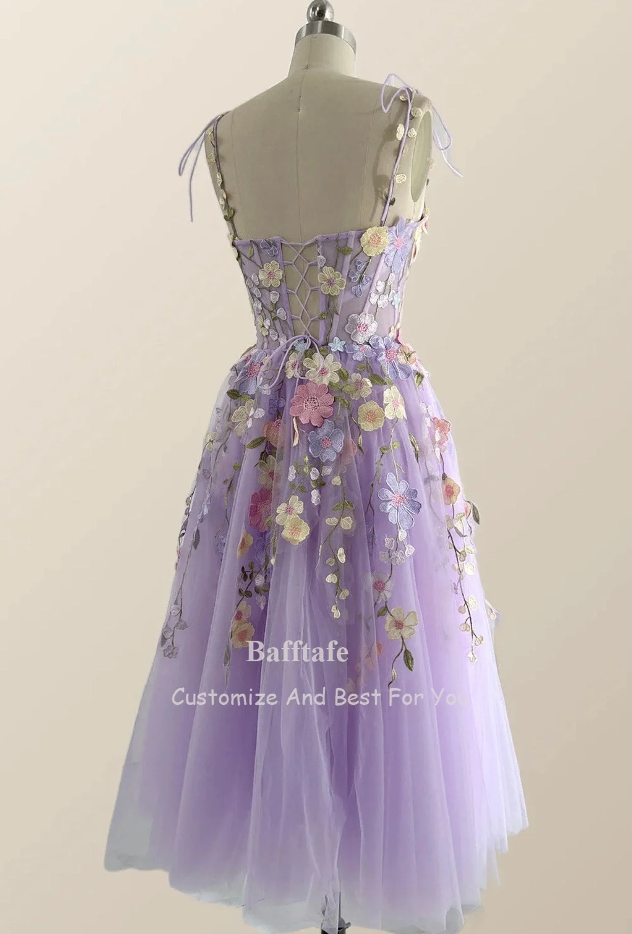 Bafftafe Lavender Floral Short Prom Dresses Corset Fitted Bones Embroidery Straps Party Dresses Formal Occasion Gowns Customized