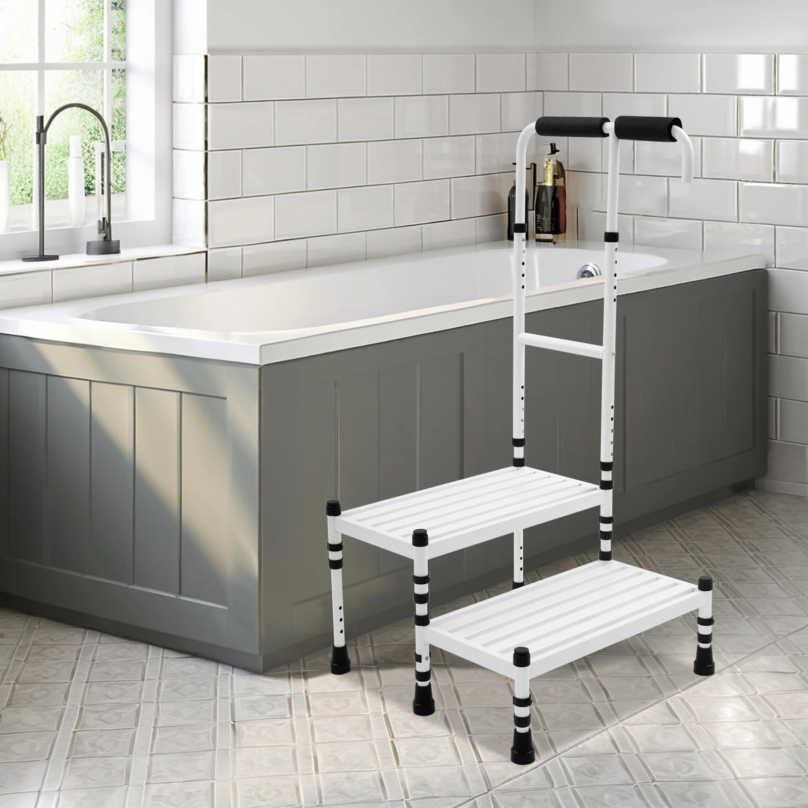 53.5*57*91-108cm White Step Stool Floor Standing Adult Ramp Metal Stepping Stool with Handrail Sturdy Feet