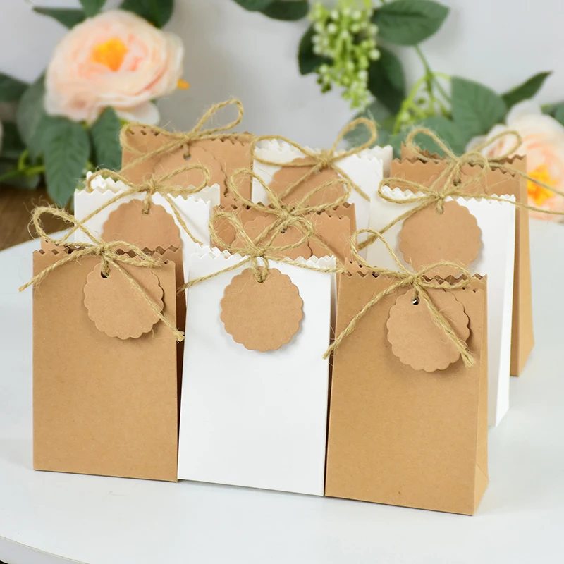 10Pcs Kraft Paper Bags With Rope Label Candy Cookies Gift Packaging Bags Wedding Birthday Party Decoration Guests Gift Supplies