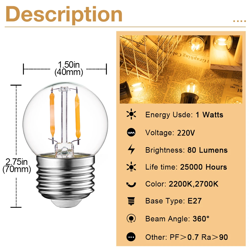 G40 LED Replacement Bulbs for String Lights E27 220V Globe Light Bulbs Dimmable Warm White 1 Watt Lamp Lights Indoor Outdoor Use