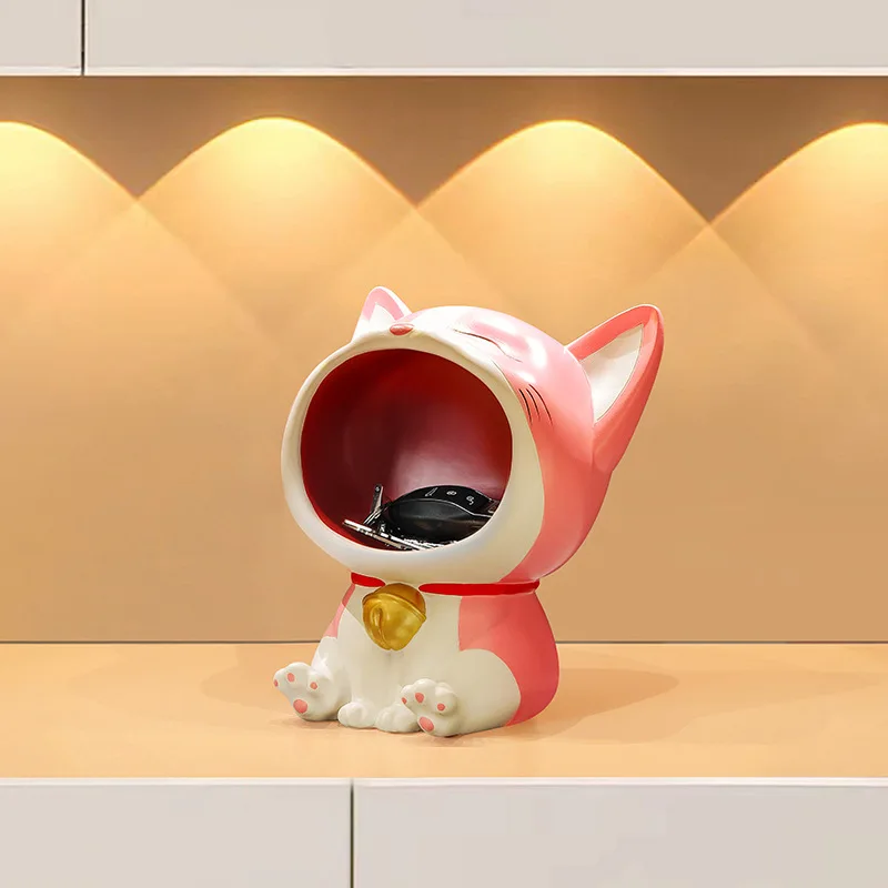 Cute Lucky Cat Resin Statue Decoration Big Mouths Cat Creative Laughing Cat Key Storage Box For Entrance Hall Desktop Ornaments view 5
