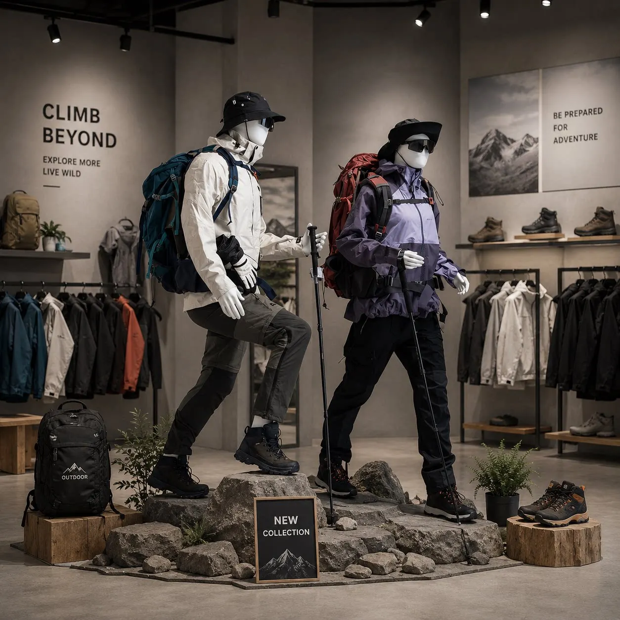 Hiking and mountaineering equipment, men's full-body athletic climbing gear, outdoor clothing, mannequin for women's clothing