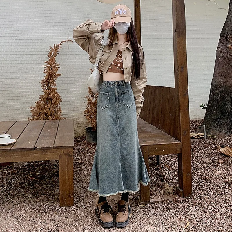 

Retro Denim Skirt for Women Spring Autumn 2024 Fishtail Half-body Skirts High-waisted A-line Slim Length Package Hip Jeans Skirt