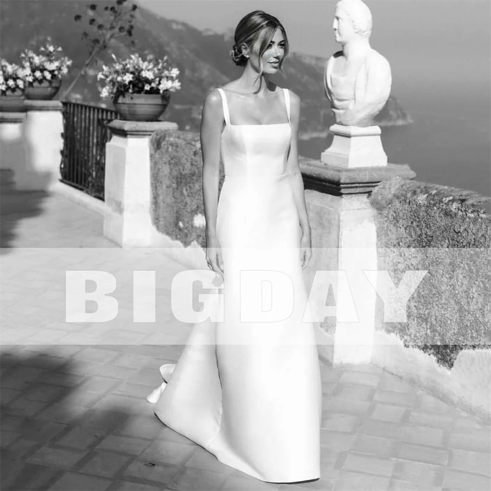 Elegant Mermaid Wedding Dresses Women 2024 Spaghetti Straps Square Collar Satin Simple Bridal Gown Sweep Train Vestidos De Noiva