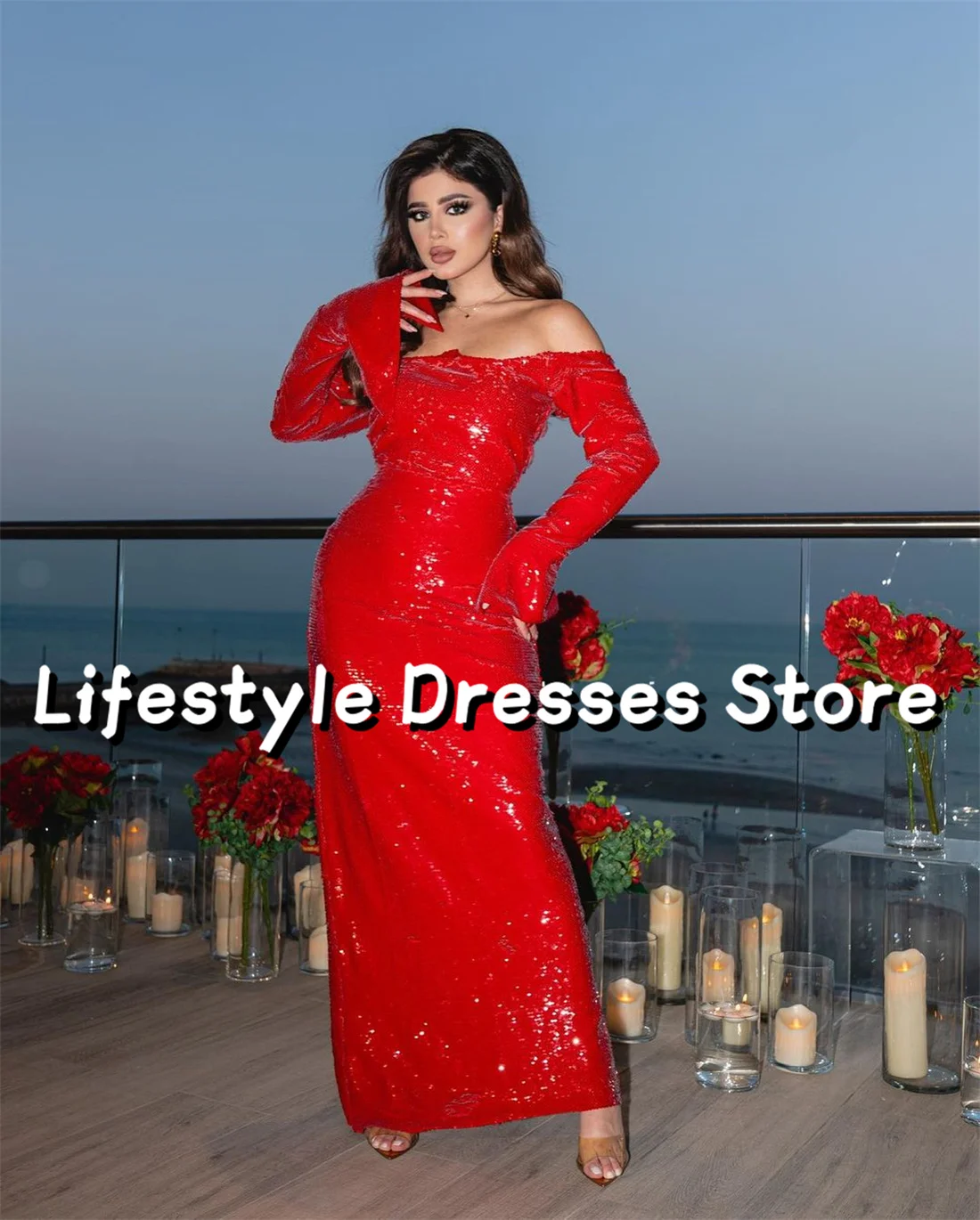 

Gorgeous Red Shiny Sequins Evening Dresses 2024 Off Shoulder Long Sleeves Prom Dress Party Gown vestidos de gala