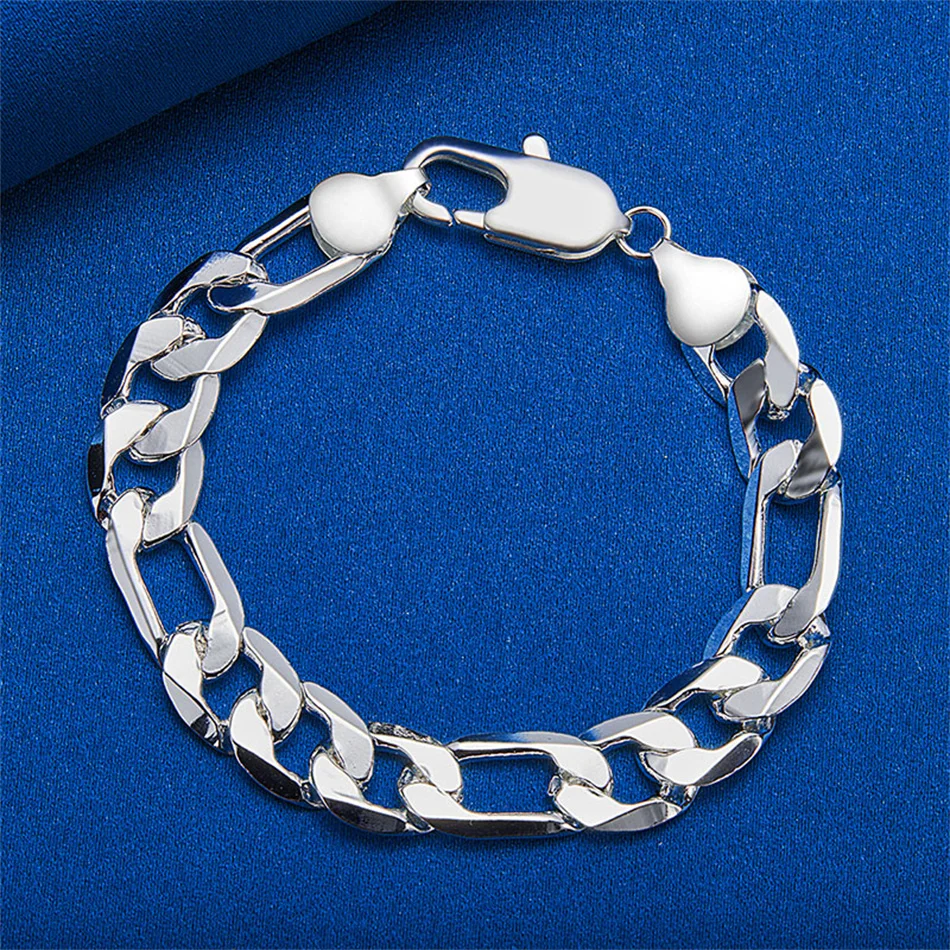 925 فضة 12 مللي متر 8 بوصة غرامة فيجارو سلسلة سوار الرجال النساء موضة الزفاف هدية مجوهرات حلية الشرير الطرف