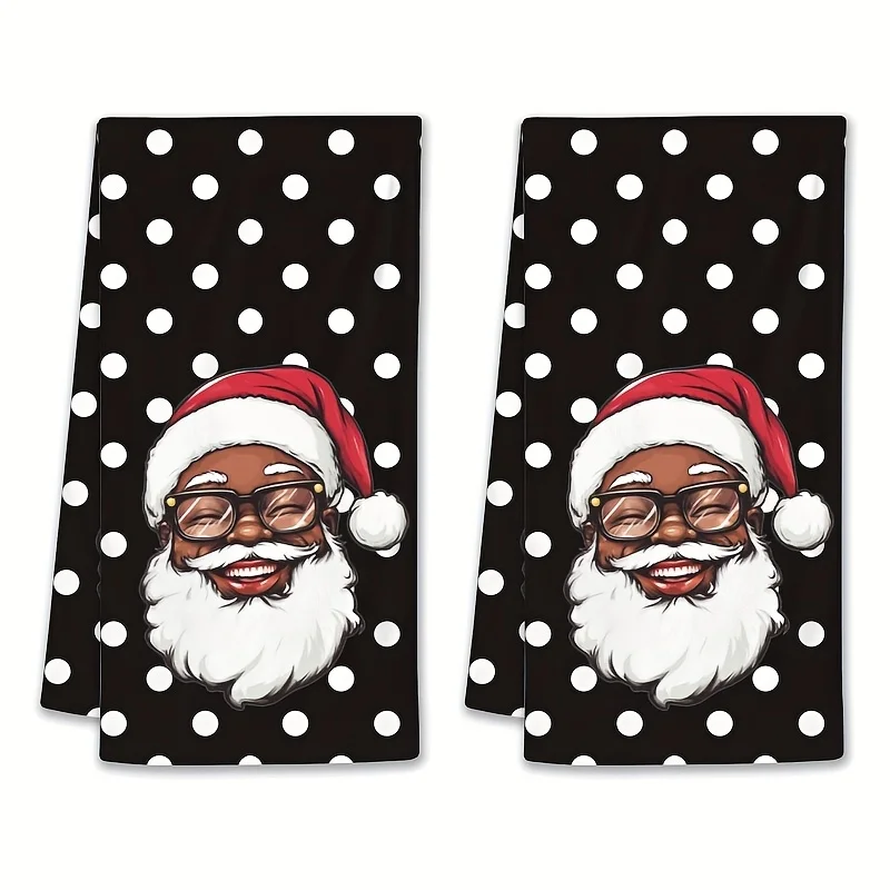 A modern cartoon Santa Claus (wearing glasses and a red hat) kitchen towel with a black and white polka dot pattern