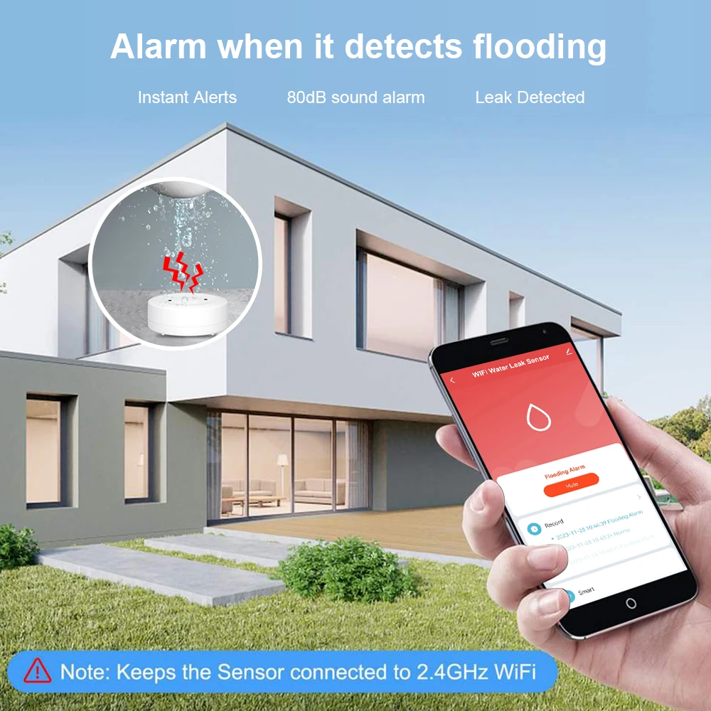 ONENUO WiFi Tuya Water Leak Sensor Flood Leakage Detector IP55 Waterproof with Sound Alarm 80dB Remote Monitor for Home Security