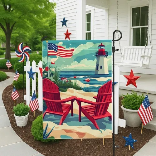 Nautical Summer Garden Flag, Red Adirondack Chairs Lighthouse, 12x18 Inch XXQ