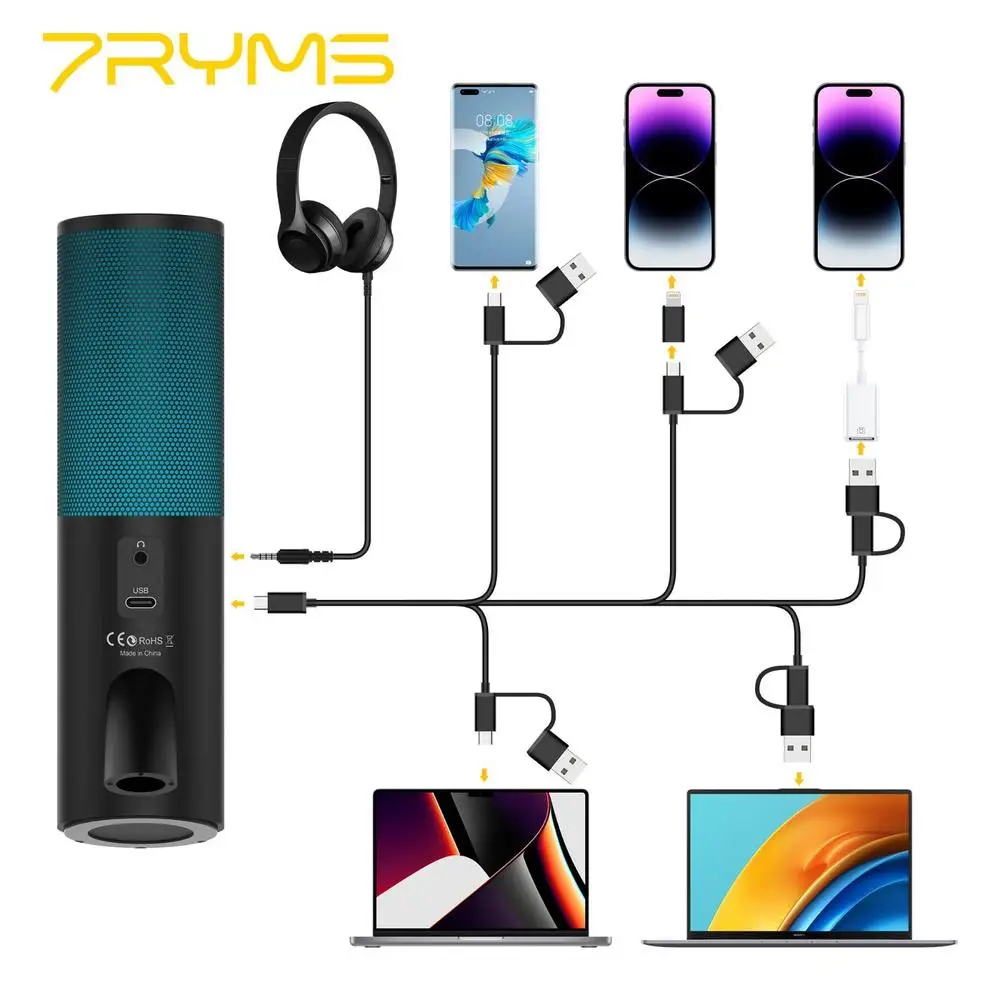 7ryms SR-AT10 rgb usb microfone para youtube tiktok desktop cardióide condensador podcast microfono gravação streaming microfones