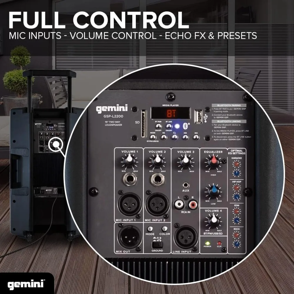 GSP-L2200PK Altavoz de DJ Bluetooth con cable bimeampido de 2200 vatios para interiores con woofer de 15"