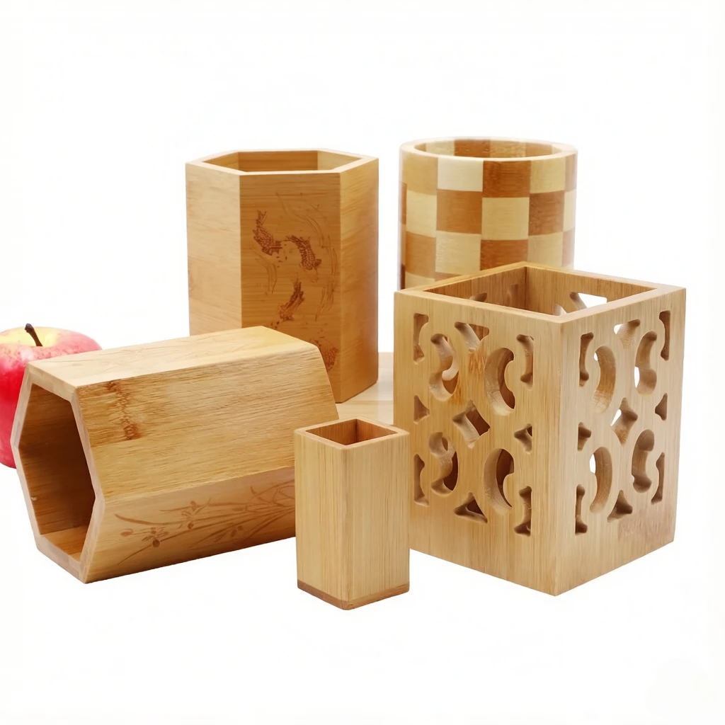 ✨ Natural Bamboo Pen Holder Geometric Checkerboard Design Hollow Out Wooden Desk Organizer Modern Scandinavian Style