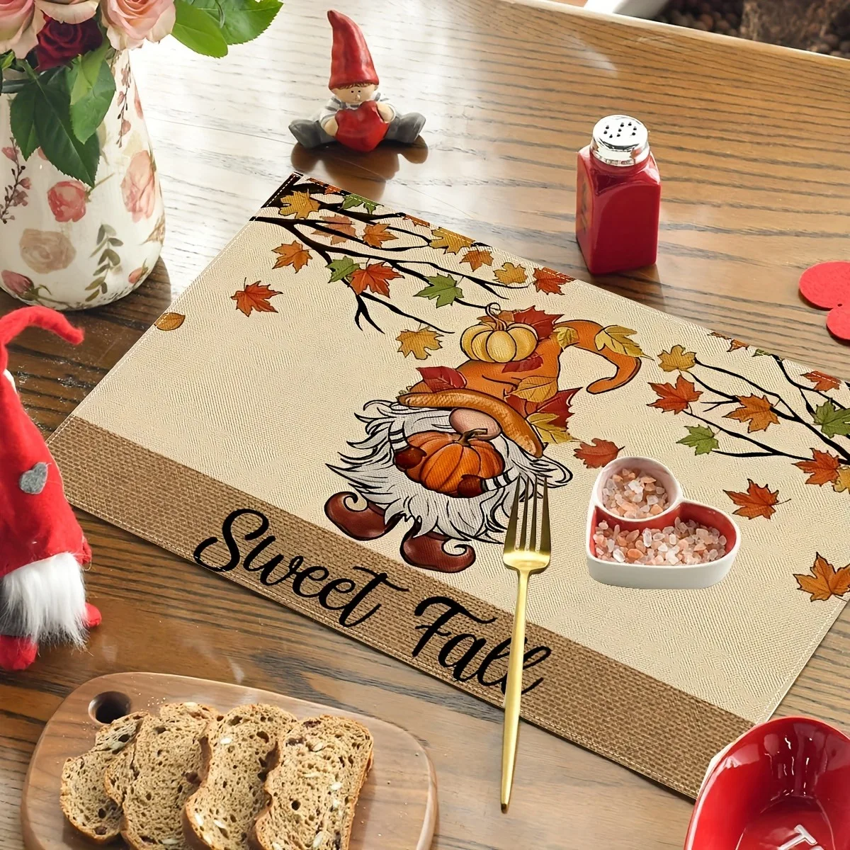 Autumn Gnome Placemats Table Mat Cute Gnome Holding Pumpkin Fall Leaf Pattern for Dining Table Harvest Seasonal Home Decoration