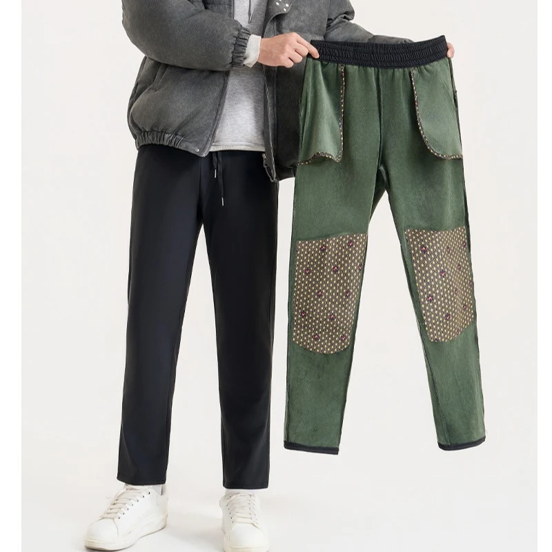 Winter Unisex Fleece Trousers Loose High-waist Knee Pads Thermal Hiking Pants Windproof Self-heating Pocket Thicken Casual Pants